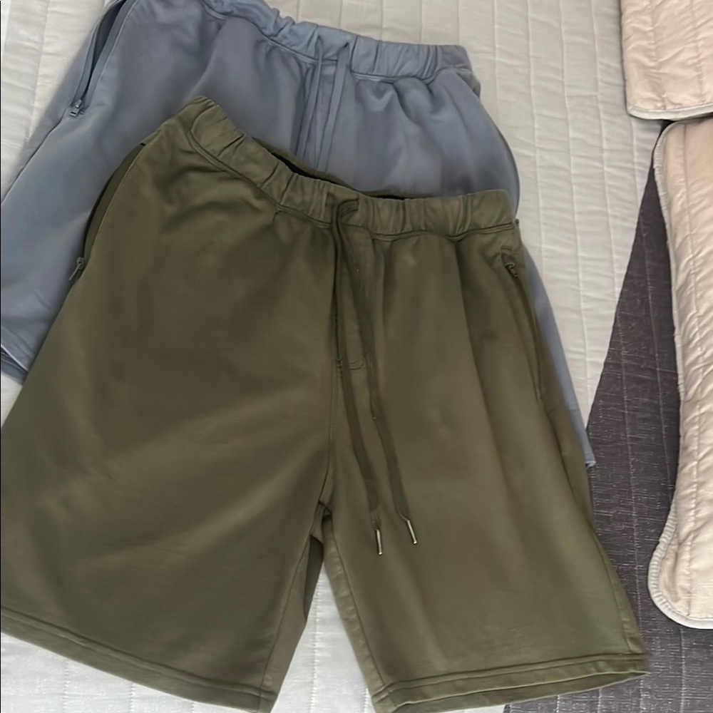 2- Eddie Bauer Men's Large Sweat Shorts Olive & light blue casual outing size L